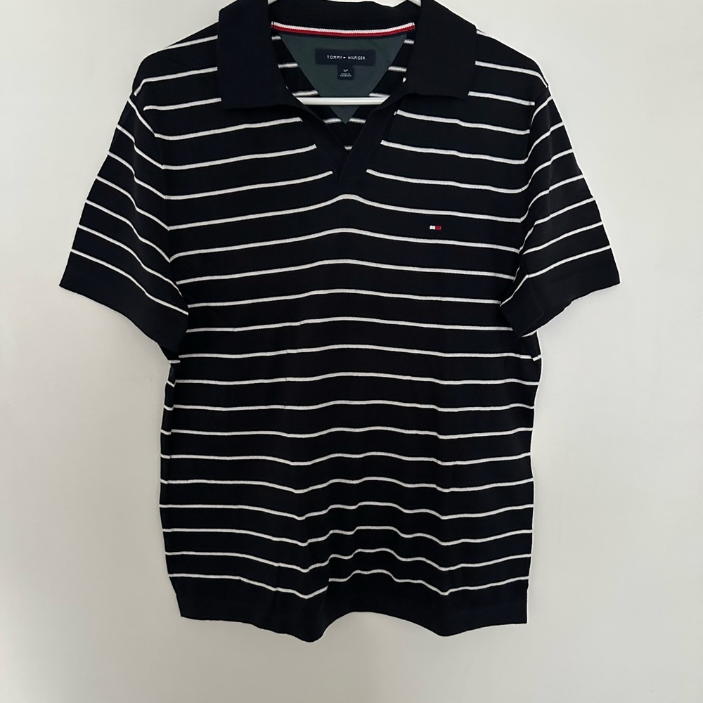 Tommy Hilfiger Navy and White Polo Classic Striped Design
